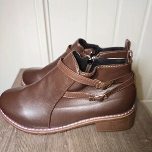 Boots Brown Ankle Booties with Strap Accent